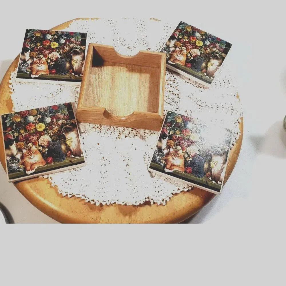 Cute Cat Coasters 4 in the set with Coaster Holder